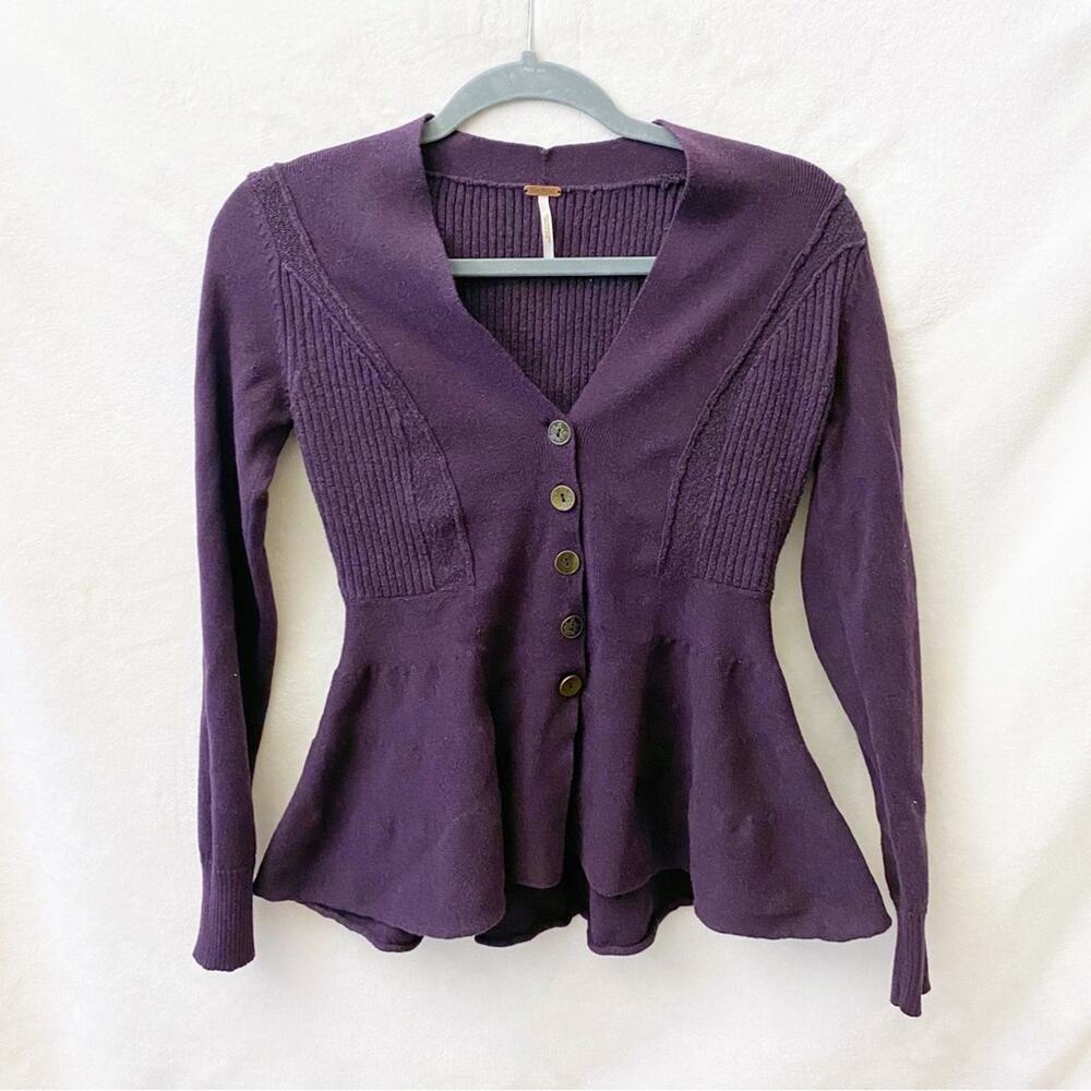 Free People Deep Purple Button Front Peplum Cardigan ALT Aria Montgomery